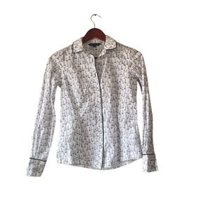 Brooks Brothers Womens 0 White Sailboat Print Cotton Button Down Shirt Navy Trim